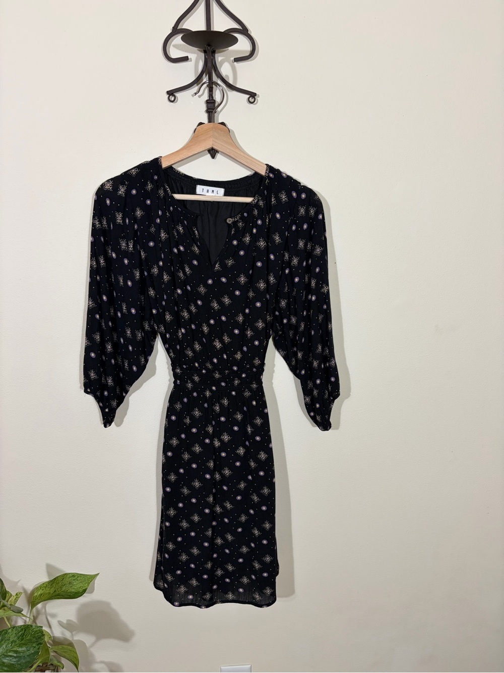 Black Printed Round Neck Midi Dress
